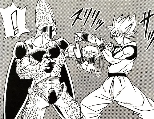 Panel du manga du combat goku contre cell